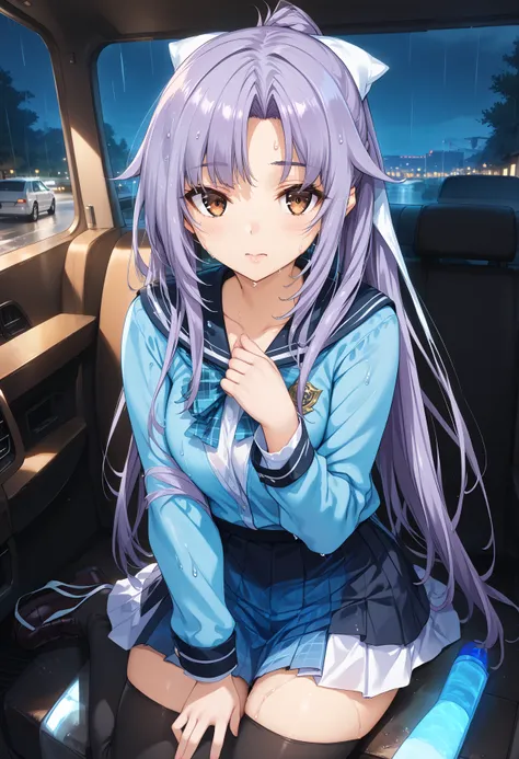 (score_9,score_8_up,score_7_up,source_anime,(masterpiece:1.2),best quality,very aesthetic,absurdres),rim light,metallic luster,intricate details,1girl,
<lora:hime_p_V1.2:1>,hime,seihuku,purple hair,brown eyes,light blue uniform,light blue ribbon,white skir...