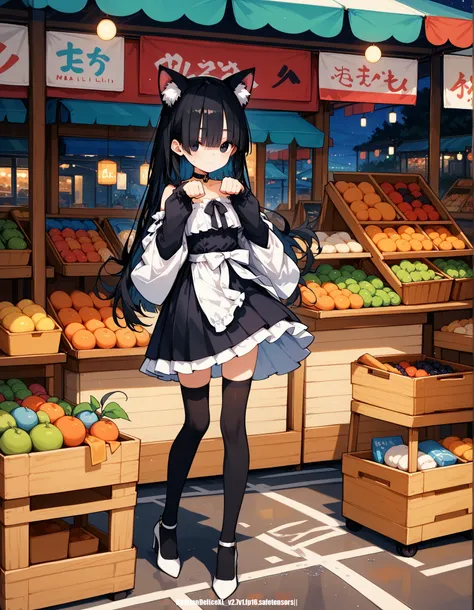 scorce_9,score_8_up,score_7_up,score_6_up,score_5_up,, 1girl,solo,black hair,blunt bangs,hair over one eye, long hair,cat ears, animal ear fluff, paw pose, hands up,light smile, black eyes, choker,white short dress,ribbon dress,bow,wind lift,ribbon black t...