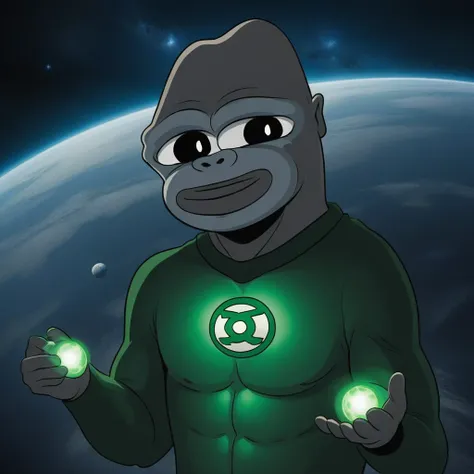 ,((monke, gorilla character, monke_boy, bald,1boy)),(wearing a Green lantern costume, flying in around the world in space, Green lantern),