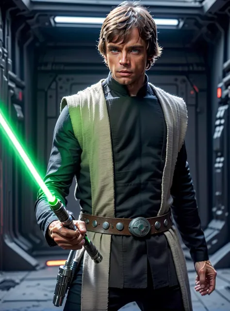 photo of Luke-ROTJ <lora:Luke-ROTJ:0.8> from Star Wars movie wearing a black jedi outfit and holding a green lightsaber with <lora:Perfect-Hands-v2:0.1> Perfect Hands and wearing white jedi clothing, pose inspired by Boris Vallejo, background of Coruscant ...