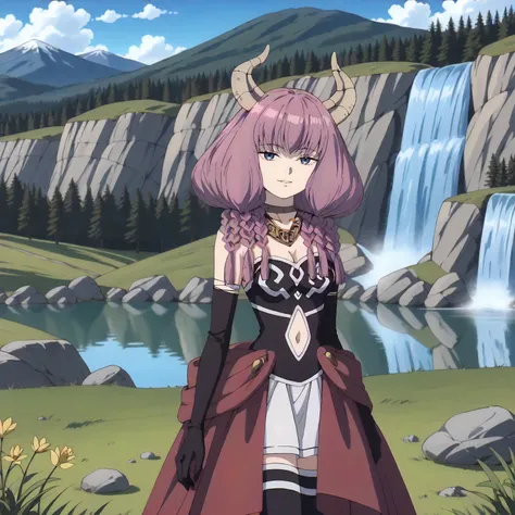 <lora:FBJE_TheGuillotineAuraXLpony009>,
outdoors,nature,grassland,grass,plant,mountain,lake,blue sky,cloud,natural light,waterfall,fog,
looking at viewer,half-closed eyes,
solo,
TheGuillotineAura,1girl,pink hair,horns,multiple braids,blue eyes,
bare should...