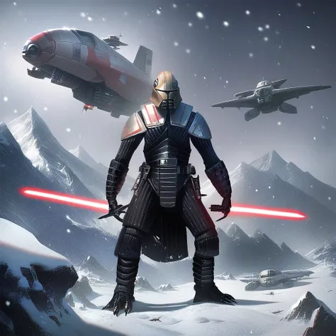 score_9, score_8_up, score_7_up, starkiller-armor, star wars, weapon, science fiction, sword, robot, mountain, mecha, spacecraft, claws, armor, aircraft, no humans, energy sword, realistic, helmet, military, holding, alien, holding weapon, winter, snowing,...