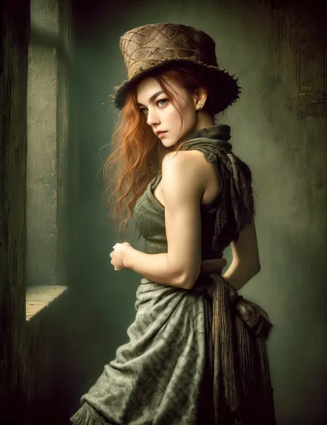 DonMF41l3dH34l7h masterpiece, awesome quality, female twenty-something, agile, east asian, green eyes,  roman nose,      sculpted shoulders,   , light auburn messy bun hair, astonishment wearing  wrap skirt, mustardyellow    argyle    brocade sweater, boat...