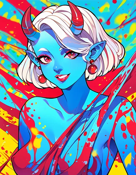 (tp_style:1.2), score_9, score_8_up, score_7_up, well drawn, (vivid colors, saturated colors:1.1), immaculate, highly detailed, intricate, masterpiece, 1girl, solo, demon girl, (colored skin:1.1), (blue skin:1.1), oni horns, white hair, short hair, red eye...