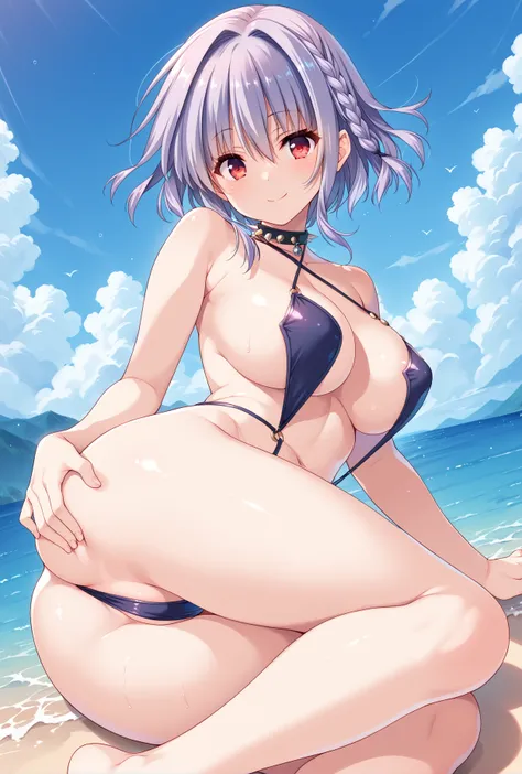 score_9, score_8_up, score_7_up, score_6_up, score_5_up, score_4_up,anime source,
  asukaminato, red eyes, braid, purple hair, short hair,,smile,
on side,leg up,hand on own ass,
slingshot swimsuit,criss-cross halter,spiked choker
outdoors,large breasts,  o...