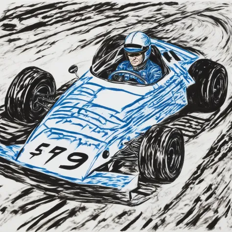 A racecar driver driving a racecar in the style of Raymond Pettibon.