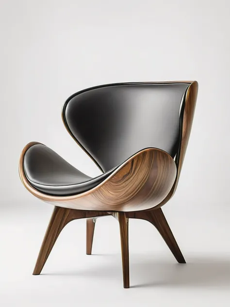 FRESHIDEAS Curved lounge chair design,Modern lounge chair design,walnut wood and black leather,simple structure with curved lines,white background,front view,high resolution photography,in the style of simple structure with curved lines,