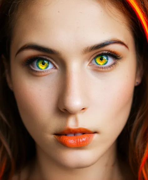 The image is a close-up of a female face, focusing intensely on the intricate details of the iris. The iris displays a vibrant array of colors, blending from deep blue on the outer edge to bright green and yellow, with a central ring of fiery orange and re...