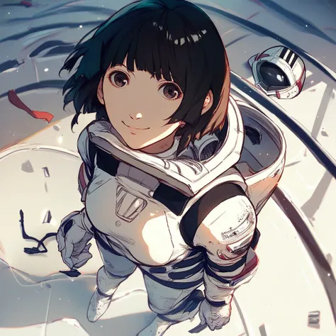 score_9, score_8_up, score_7_up, hoshijiro-shizuka, 1girl, solo, black hair, short hair, helmet, spacesuit, headwear removed, bodysuit, signature, looking at viewer, helmet removed, smile, from above, bob cut, pilot suit, holding