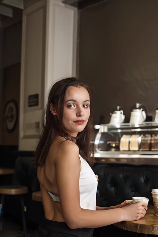 <lora:SapphireRae:0.8>, full color portrait of a young woman, having coffee at a vintage cafe, natural light, RAW photo, subject, 8k uhd, dslr, soft lighting, high quality, film grain, Fujifilm XT3