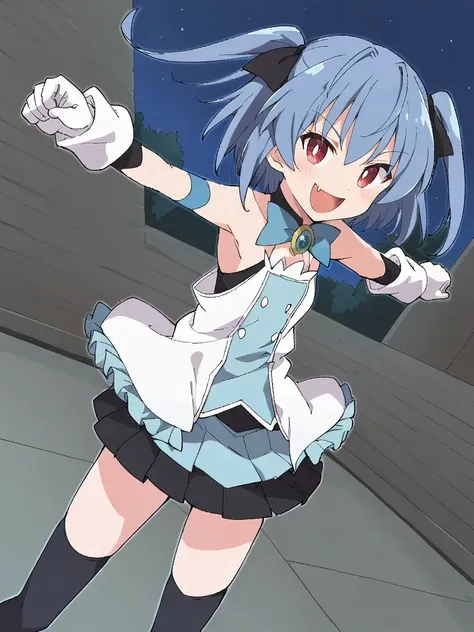 <lora:sumirehiyamafrostiapony:0.7>
1girl, solo, sumirefrostia, mahoutouki, short hair, two side up, blue hair, red eyes, white pupils, open mouth, smile, fang, standing, outdoors, dynamic pose