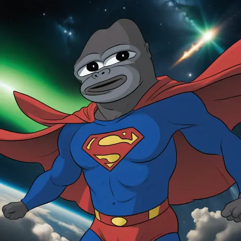 ,((monke, gorilla character, monke_boy, bald,1boy)),(wearing a superman costume, flying in around the world in space, superman, green beam behind superman, green beam), ((((gigantic penis, enormous bulge in costume, big dick))))