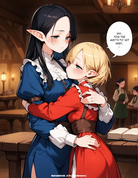 score_7,score_6,, ,, source_anime,dialogue box,  yuri,medieval ,2girls,solo focus,multiple girls,love scene,dark-skinned female, elf,pointy ears, pale skin, blonde,black hair,elegance,hugging from behind,freckles,half-closed eyes, blush,age difference, mot...