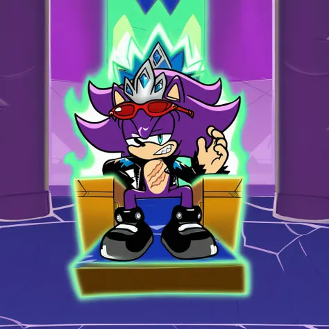 Super Scourge, solo, male, sunglasses, shoes, jacket, eyewear on head, scars, headpiece, aura, royal throne, indoors, castle