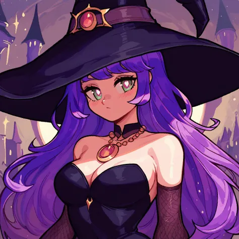 score_9, score_8_up, score_7_up, ultra quality, by valmardraws, 1girl, witch hat, purple hair, long hair, witch, symbol-shaped pupils, bare shoulders, jewelry, castle background,