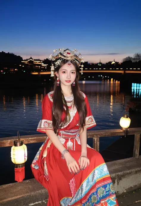 Score_9, Score_8_up, Score_7_up,miaoyuansu, miao7, 1girl, solo, jewelry, bracelet, lantern, brown hair, necklace, dress, ring, long hair, looking at viewer, earrings, headdress,  dress, night, short sleeves, traditional clothes, beads, hair ornament, sitti...