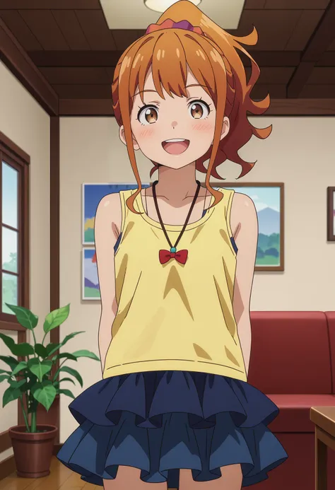 score_7_up, anime screencap,
<lora:EromangaSensei_JinnoMegumiXL:0.8>, JinnoMegumi,
1girl, solo, open mouth, smile, light blush, upper teeth only,
ginger hair, brown eyes, ponytail, hair scrunchie,
MegumiCasual, tank top, yellow shirt, necklace, red bow, la...