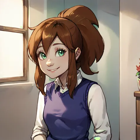 core_9, score_8_up, score_7_up, score_6_up, score_5_up, score_4_up,  <lora:Erin_strout:1>, erinstout, 1girl, solo, ponytail, brown hair, green eyes, long hair, vest, sweater vest, indoors, smile, best quality,  <lora:Smooth Anime Style LoRA XL:1> <lora:Bea...