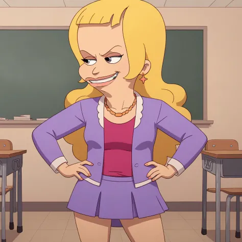 score_9, score_8_up, score_7, BREAK,  l_skumpy, blonde hair, long hair, necklace, earrings, jacket, skirt, hands on hips, classroom, smirk