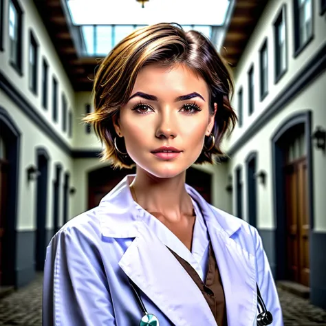 brown eyes, short hair, grey pants, medium breasts, jewelry, labcoat, solo, freckles, earrings, building