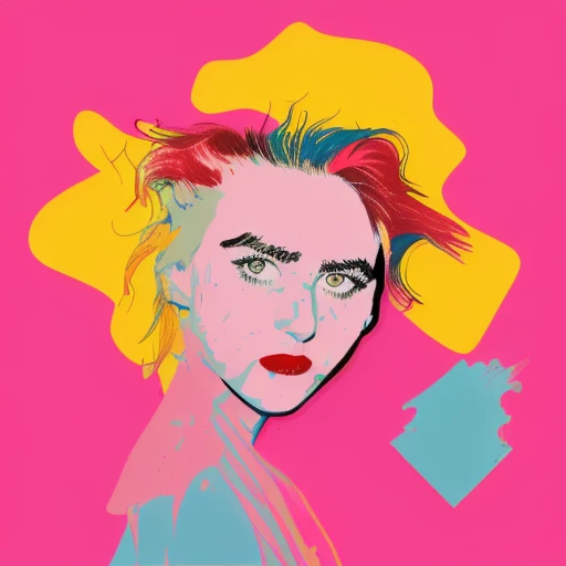 knewt, flat colors, graphic style, dynamic abstract portrait of young woman, (messy hair), abstract forms blended into the shapes of her face and hair, Andy Warhol inspired, geometrical elements melted into the bold brush strokes in norman rockwell style