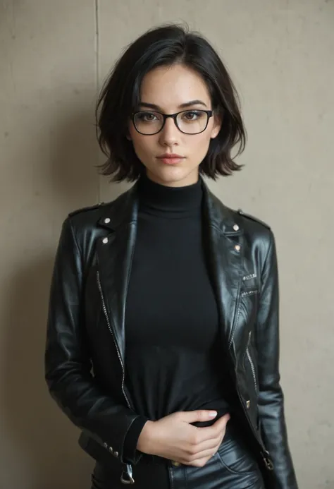 brown eyes, black hair, 1girl, black leather jacket, black pants, semi-rimless eyewear, short hair,, realistic skin