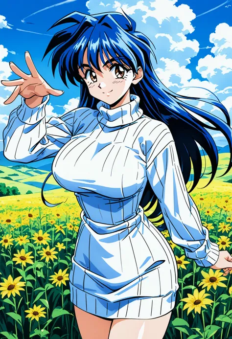 1girl, solo, (field:1.2), (sky:1.2), large breasts, smile, (cowboy shot, dynamic pose:1.4), 
arai_kiyomi, brown eyes, blue hair, long hair, sweater dress, turtleneck, ribbed sweater, <lora:Graduation_arai_kiyomi_pony_ver2:0.7>, score_9, score_8_up, score_7...