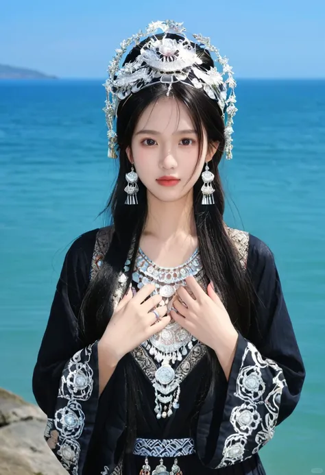 Score_9, Score_8_up, Score_7_up,miaoyuansu, miao5, 1girl, black hair, solo, jewelry, long hair, looking at viewer, earrings, day, upper body, outdoors, bracelet, hat, ocean, blue sky, water, bird, realistic, sky, straight-on, snake, hands up, long sleeves,...