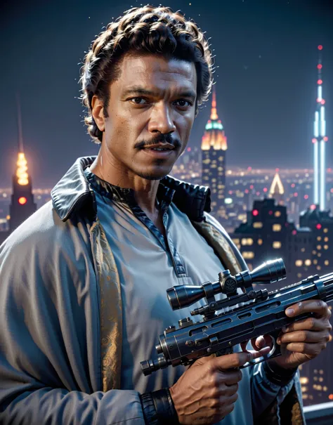 Lando-ESB <lora:Lando-ESB:0.8> (upper body1.5) (side view1.5) holding a gun in his hand, 8k uhd, dslr, soft lighting, high quality, background of a star wars sci-fi futuristic city skyline, intricate details, masterpiece, trending on artstation, realistic,...