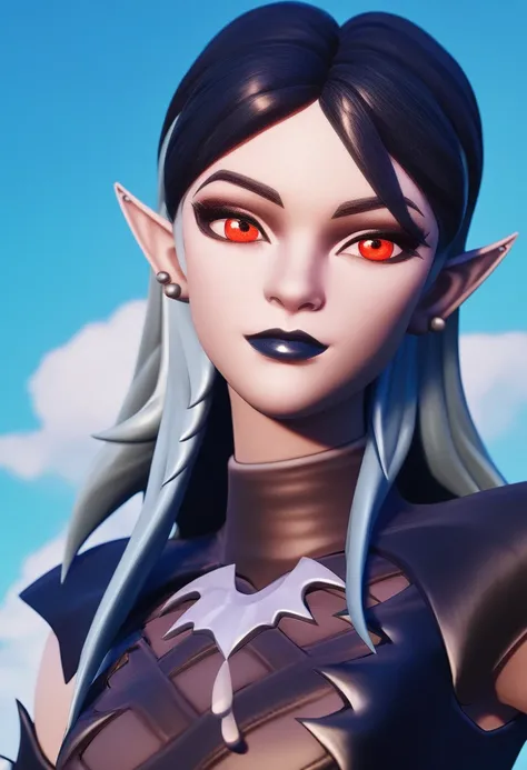 shimmerdusk, best quality, amazing quality,  1girl,   fullbody,   looking at viewer,   <lora:Shimmerdusk-10:1>, pointy ears, black hair, red eyes,  jewelry, earrings,  long hair, multicolored hair, black lips,  lipstick, makeup, vampire, tattoo, fingerless...