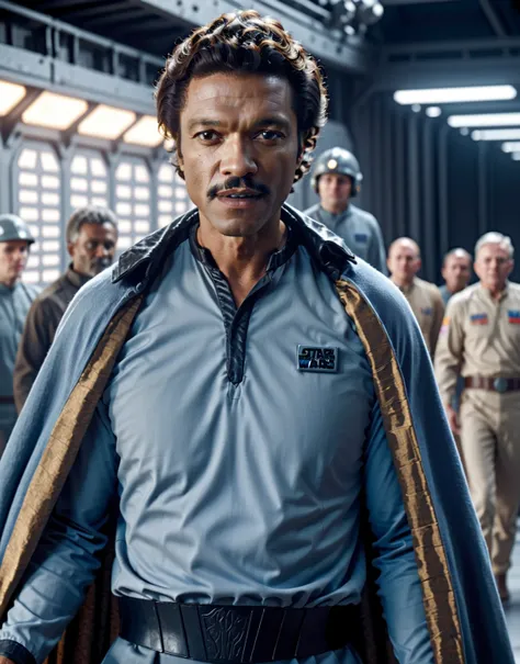 Lando-ESB <lora:Lando-ESB:0.8> (cupper body1.5) (side view1.5) still from star wars movie shown wearing blue outfit with a cape, 8k uhd, dslr, soft lighting, high quality, background of a star wars sci-fi spaceship cargo hold , intricate details, masterpie...