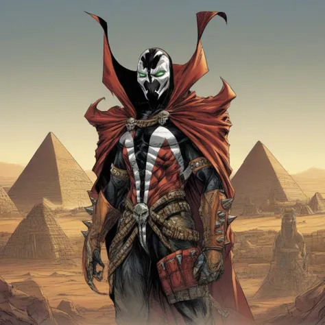 spawn_style, spawn, evang, Egyptian god wearing a gas mask, temples and pyramids in the background, spawn outfit