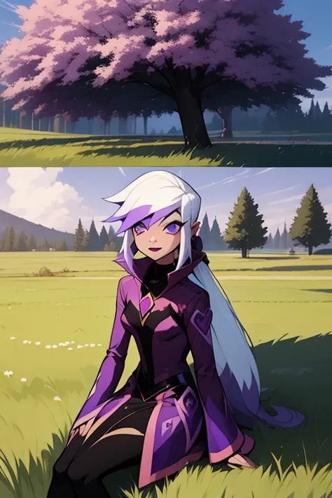 <lora:charm-06:1>charmcaster, white hair, ponytail, black lipstick, purple clothes, in grass fields, purple sky, purple grass, single tree, only one tree, purple tree, scared, sitting under tree, flat grasslands, screencap,, masterpiece, best quality, deta...