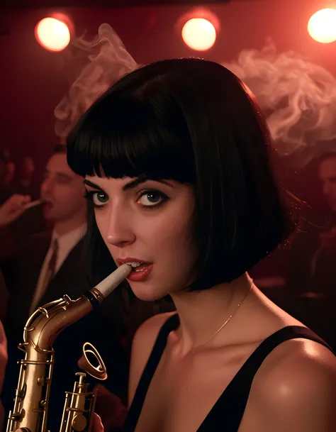 In a gritty, noir-inspired scene set within the dimly lit confines of an old jazz club in 1940s New York City, BR1TT1NL, a woman with a striking black bob cut and captivating eyes, is captured in a dramatic close-up. Her intense gaze locked onto the viewer...