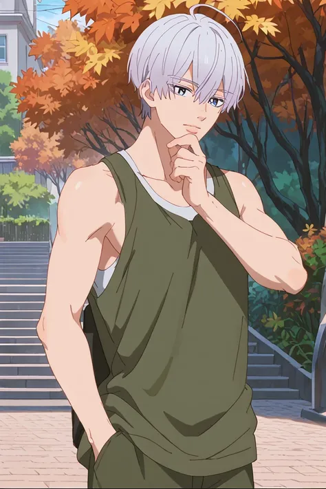 score_9, score_8_up, score_7_up, source_anime, rating_safe, ItsuomiASAff, grey Itsuomi hair, blue Itsuomi eyes, 1boy, male focus, anime screencap, tank top, shorts, autumn outfit, hands with five fingers