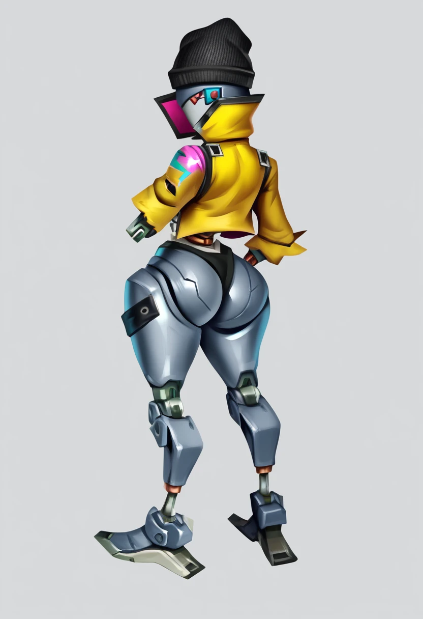 rebelfortnite, best quality, amazing quality,  1girl, robot girl,   fullbody,   looking at viewer,  <lora:RebelFortnite-10:0.8>, robot,  yellow jacket,  joints,  mechanical legs, robot joints,  black headwear, hat,  jacket, big ass,   <lora:JohnFoxArt:1>, ...