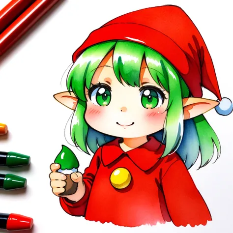 a drawing of a woman, long sleeves, green eyes gnome with red shirt, pointed ear watercolor, sketch, white_background , colored_pencil_(medium), marker_(medium), traditional_media, watercolor_(medium), official art