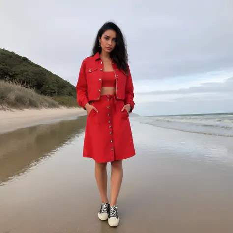 full body photo of a woman,s0mm3rr4y, wearing a red dress with a jacket, at a beach, looking at viewer,  <lora:sommer:.9>