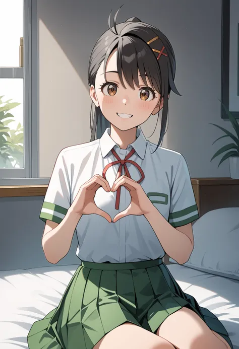 score_9, score_8_up, score_7_up, score_6_up, score_5_up, score_4_up, source_anime, aasuzume, long hair, black hair, antenna hair, ponytail, hairclip, x hair ornament, brown eyes, school uniform, neck ribbon, collared shirt, white shirt, shirt tucked in, sh...