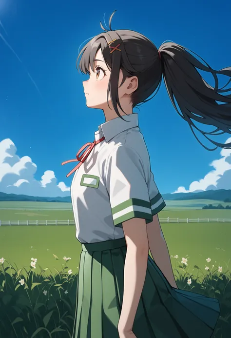 score_9, score_8_up, score_7_up, score_6_up, score_5_up, score_4_up, source_anime, aasuzume, long hair, black hair, antenna hair, ponytail, hairclip, x hair ornament, brown eyes, school uniform, neck ribbon, collared shirt, white shirt, shirt tucked in, sh...