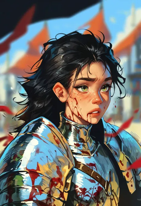 score_9,score_8_up,core_7_up, <lora:samdoesarts_pdxl_v1:1>1girl, armor, green eyes, solo, blurry, freckles, blood, parted lips, black hair, day, blurry background, outdoors, upper body