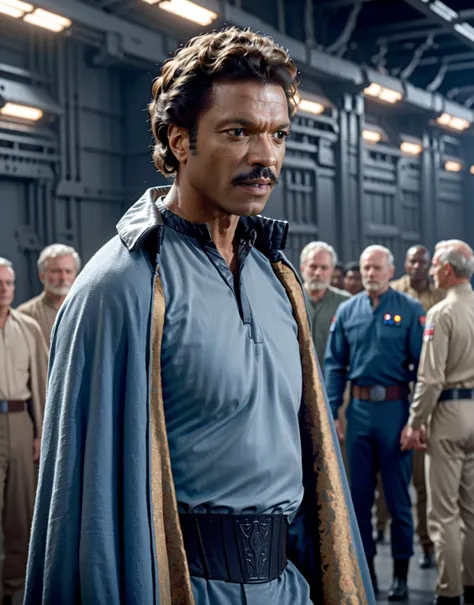 Lando-ESB <lora:Lando-ESB:0.8> (cupper body1.5) (side view1.5) still from star wars movie shown wearing blue outfit with a cape, 8k uhd, dslr, soft lighting, high quality, background of a star wars sci-fi spaceship cargo hold , intricate details, masterpie...