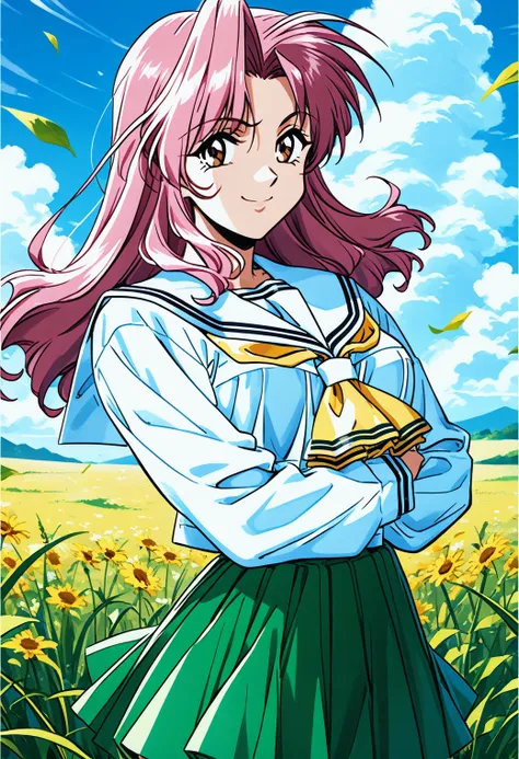 1girl, solo, (field:1.2), (sky:1.2), large breasts, smile, (cowboy shot, dynamic pose:1.4), 
takagi_reiko, brown eyes, pink hair, long hair,  school uniform, serafuku, white sailor collar, yellow neckerchief, white shirt, long sleeves, green skirt, pleated...