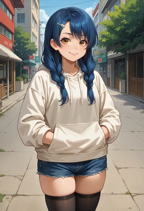 score_9, score_8_up, source_anime, 1girl, solo, MegumiTadokoro, long hair, twin braids, hairclip, white hoodie, denim shorts, black thighhighs, skindentation, hands in pockets, outdoors, smile, smug, <lora:ChamMegumiTadokoroPonyXL:1>