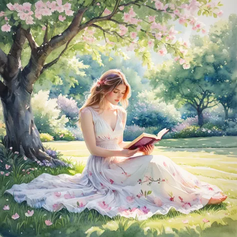 <lora:WatercolorSDXL2:1> ArsMJStyle, Watercolor,  A serene garden scene with a young woman in a flowing white dress reading beneath a blooming cherry tree. Dappled sunlight filters through the pink petals, casting soft, colorful patterns on her dress and t...