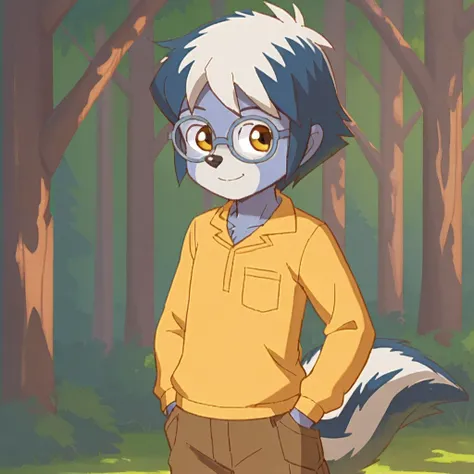 score_9, score_8_up, score_7, BREAK, milo_ts, glasses, multicolored hair, skunk tail, yellow shirt, long sleeves, khaki pants, hands in pockets, cute, forest, natural lighting