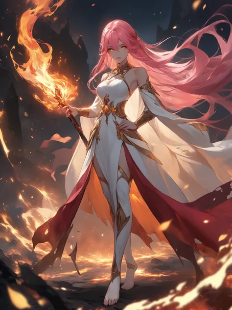 FRESHIDEAS,A powerful, fiery scene featuring a girl with long pink hair, standing barefoot amidst a burning landscape at dusk. Her hair blazes **** fire, matching her intense yellow eyes. She wears a flowing, white cloak with gold accents over a burnt oran...