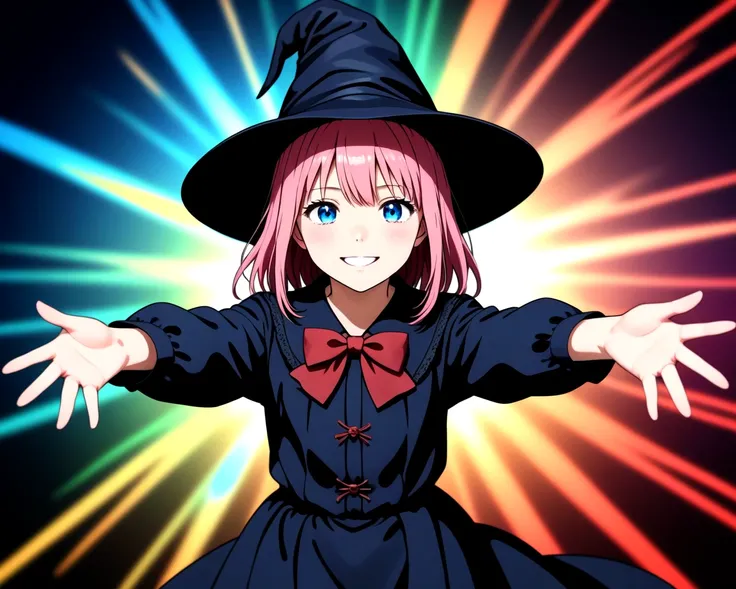 masterpiece, best quality, high quality, highres, a girl in a witches hat and black dress with lights behind her with a starburst, blurry, depth_of_field, facing_viewer, red_sky, smile, solo, bloodborne, a hologram, magical realism, (flat_color:1.5), (anim...