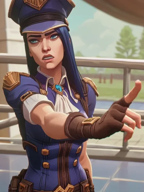 score_9, score_8_up, score_7_up, caitlyn, a man in a uniform pointing a gun, 1girl, solo, long hair, black hair, hat, fingerless gloves, official alternate costume, police uniform, policewoman, caitlyn league of legends, <lora:arcane_pony_v1-2_mx:0.95>