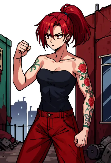 PonyXLV6_Scores, source_anime,1girl,natashamrb, <lora:NatashaMRBPony:0.85>,standing,fighting stance,red hair,tattoo,ponytail,strapless,red pants,expressionless,medium breasts,slum,concrete buildings,outdoors,cowboy shot, <lora:retro_pcgame_style_XL(pony):1...